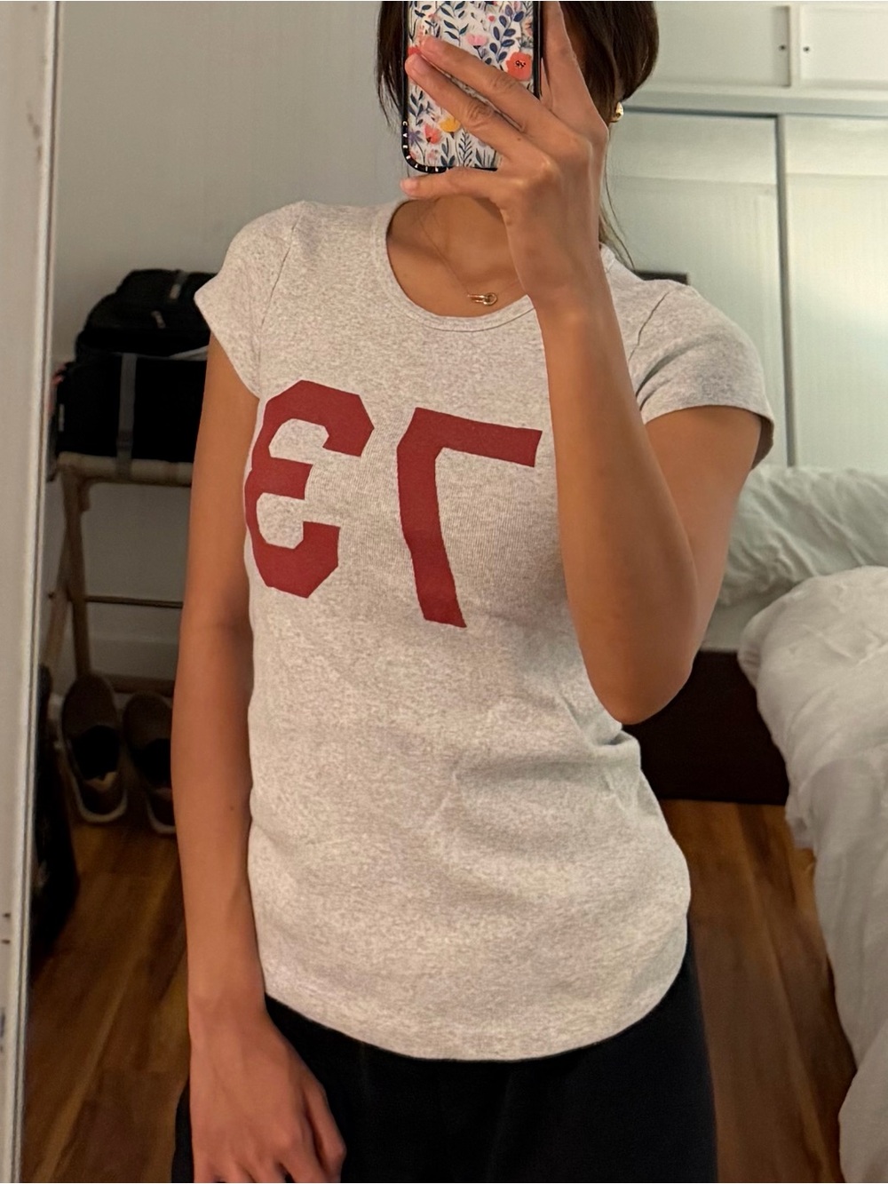 Brandy Melville Heather Gray Short Sleeve Tee with Red '73' Graphic